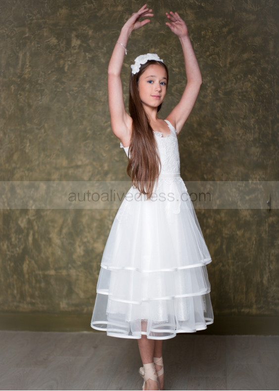 White Lace Tulle Ribbon Tiered Flower Girl Dress